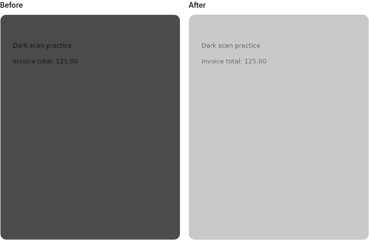 Before and after previews of the synthetic dark scan with brightness and contrast adjustments.